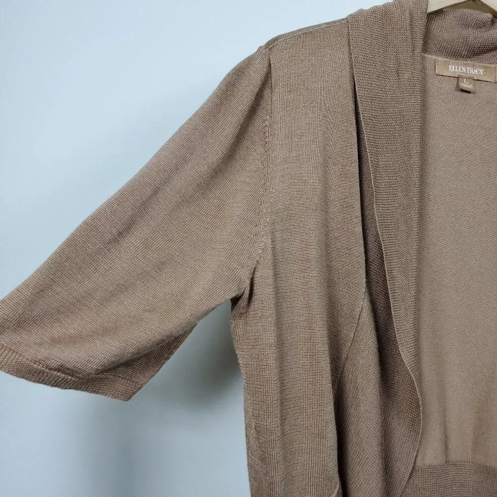 Ellen Tracy Cropped Open Front Cardigan Women Size L Tan Golden Brown